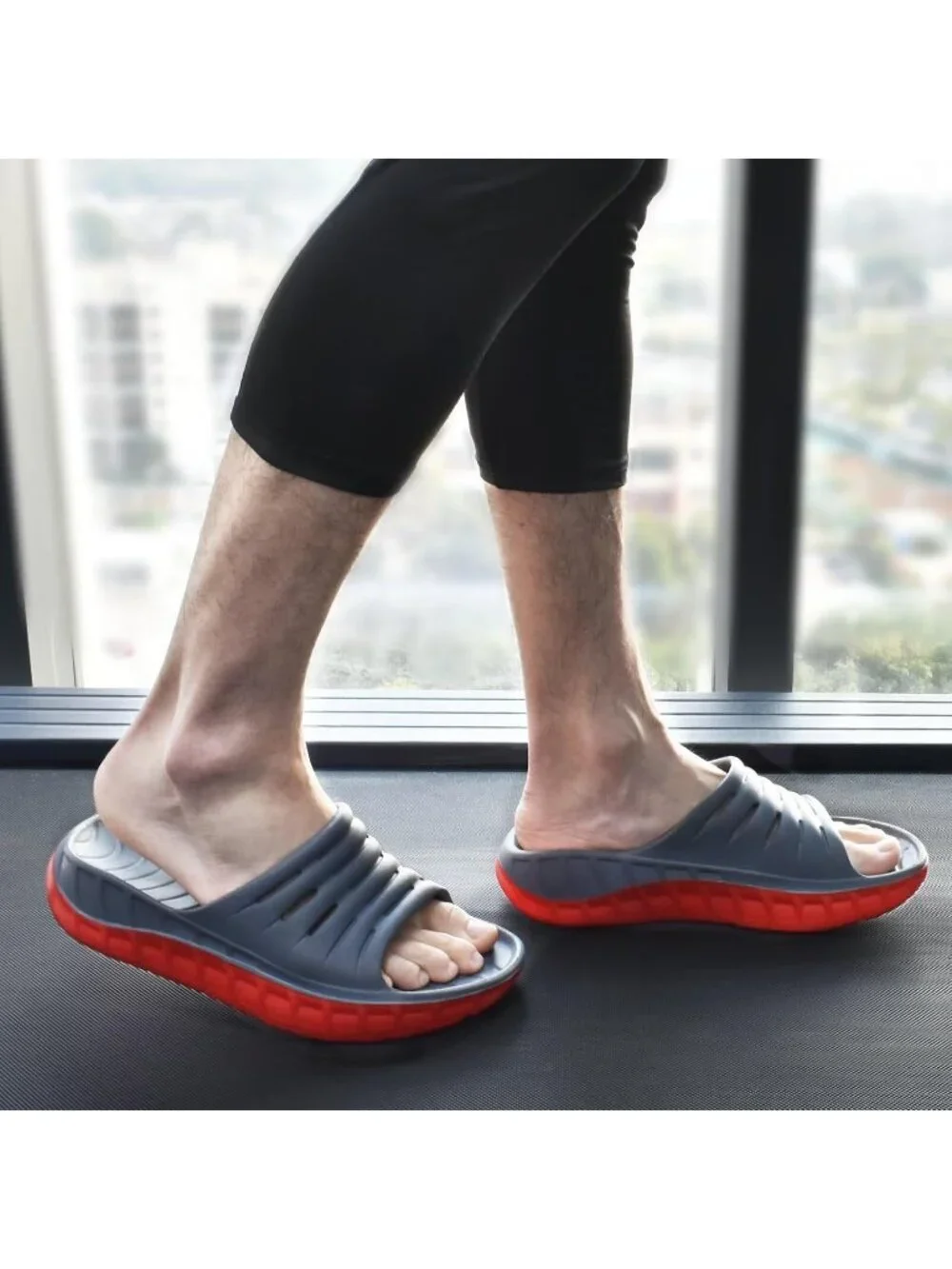 Mens Grey Red Recovery Orthotic Arch Support Open Toe Sport Slides Slipper Shoes